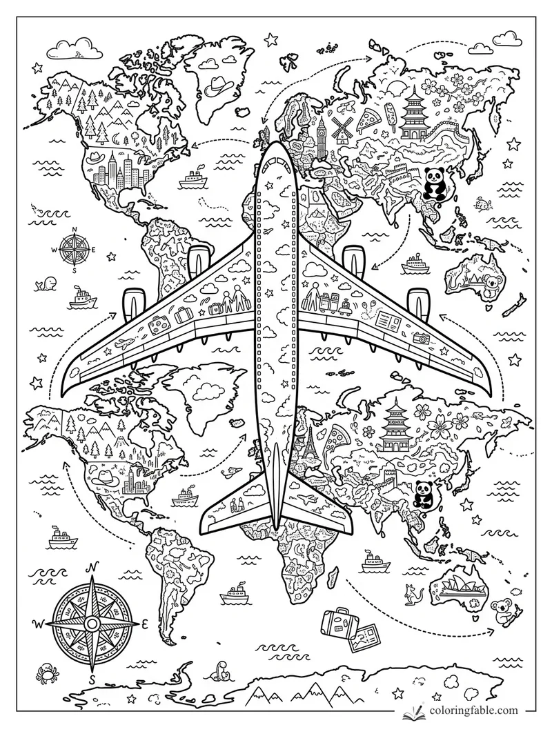 Intricate doodle jet flying over world maps with landmarks, arrows, ships, compass roses, animals, and clouds