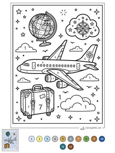 Jet Plane With Globe, Compass Cloud, and Suitcase — color by number