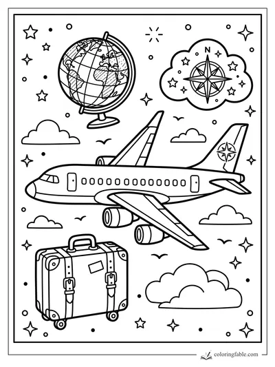 Jet airplane flying among clouds, stars, a globe, compass cloud, and rolling suitcase coloring page