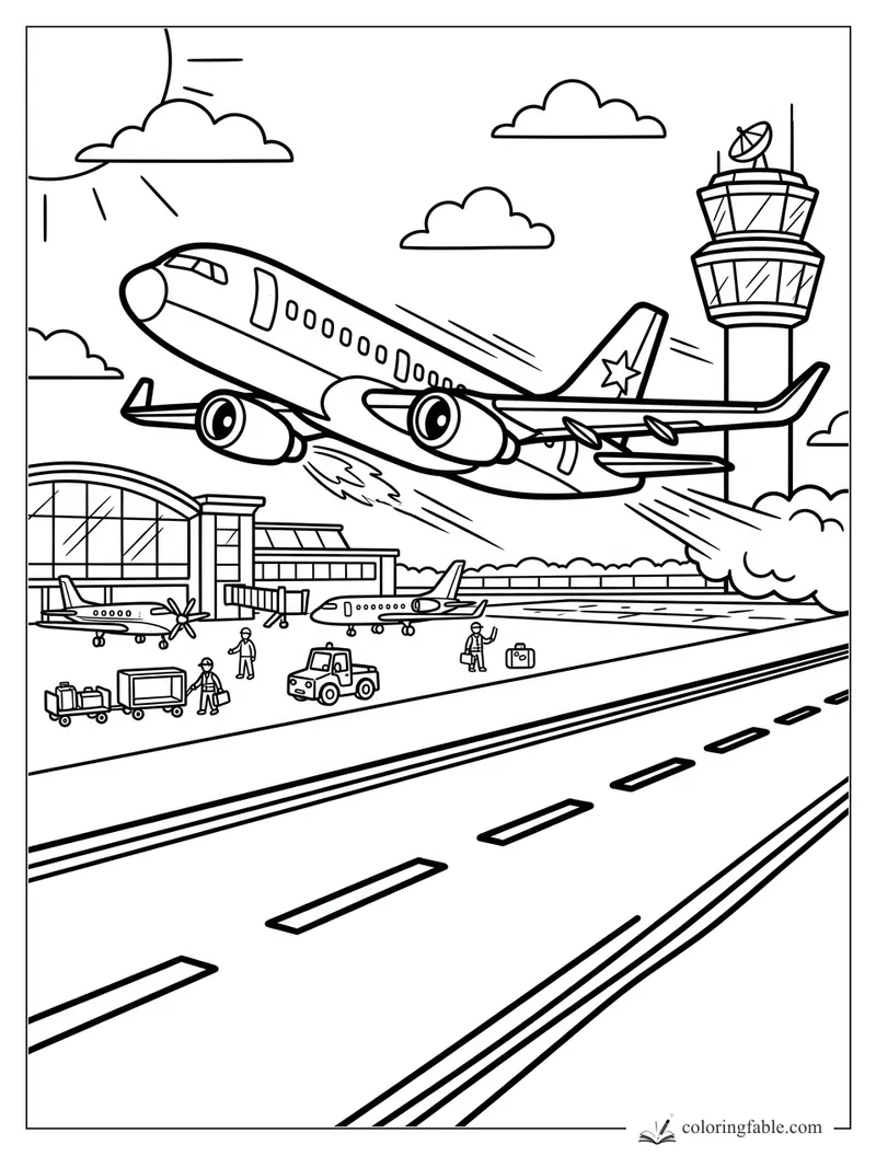 Easy coloring page of a jet taking off over a runway, airport terminal, crew, and control tower.