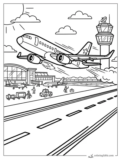 Easy coloring page of a jet taking off over a runway, airport terminal, crew, and control tower.