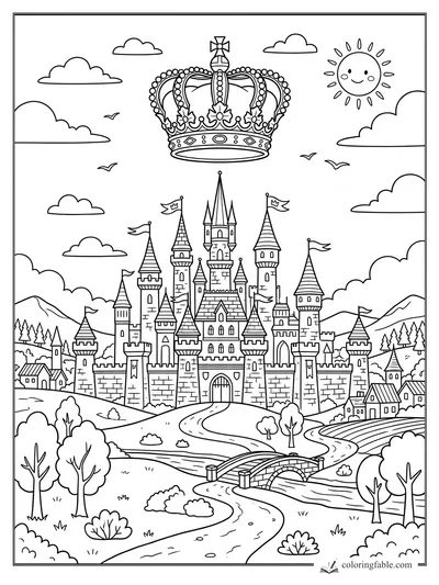 Cartoon jeweled crown floating over a many-towered castle, clouds, sun, hills, bridge, and village