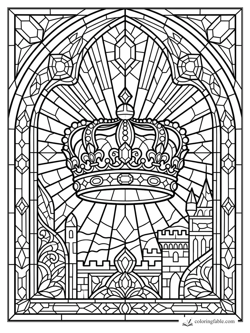 Intricate stained-glass crown above a castle skyline with arched rays, jewels, and floral borders.