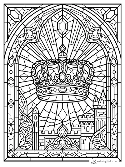 Intricate stained-glass crown above a castle skyline with arched rays, jewels, and floral borders.