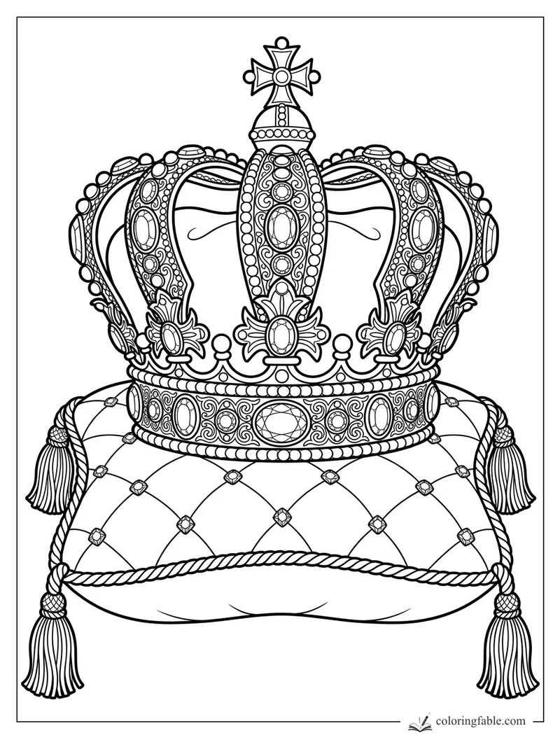 Ornate jeweled crown with cross topper resting on a quilted cushion with tassels