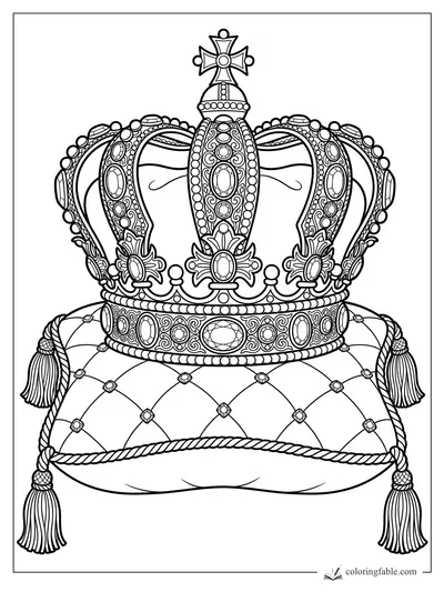 Ornate jeweled crown with cross topper resting on a quilted cushion with tassels
