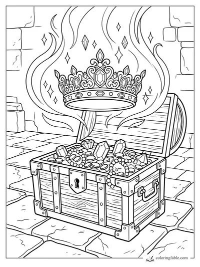 Ornate crown floating above an open treasure chest filled with gems, coins, and pearls in a stone room.