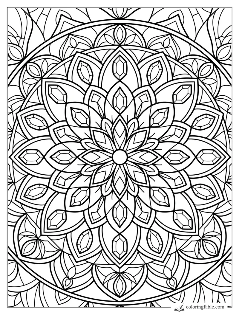 Intricate stained glass mandala with lotus petals, gem shapes, and arched circular lines