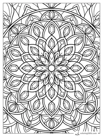 Intricate stained glass mandala with lotus petals, gem shapes, and arched circular lines