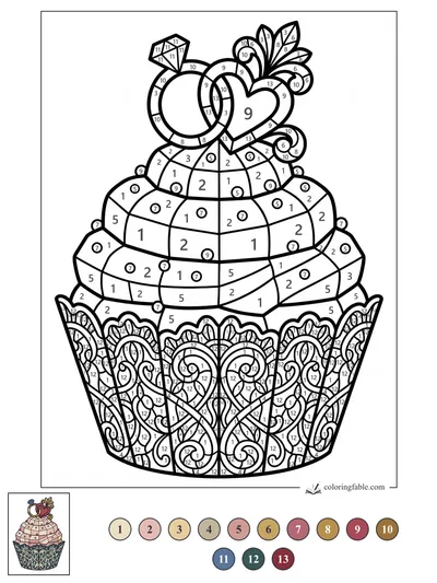 Jeweled Rings and Heart Cupcake — color by number