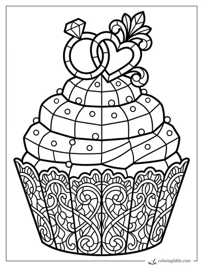 Intricate stained-glass cupcake with jeweled rings, heart topper, swirled frosting, and ornate wrapper