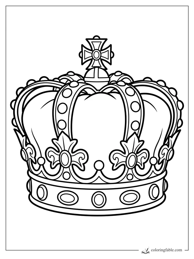 Cartoon royal crown with arched bands, round jewels, fleur-de-lis ornaments, and a cross topper