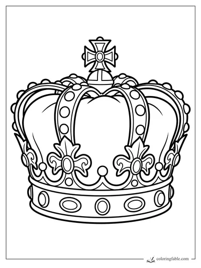 Cartoon royal crown with arched bands, round jewels, fleur-de-lis ornaments, and a cross topper