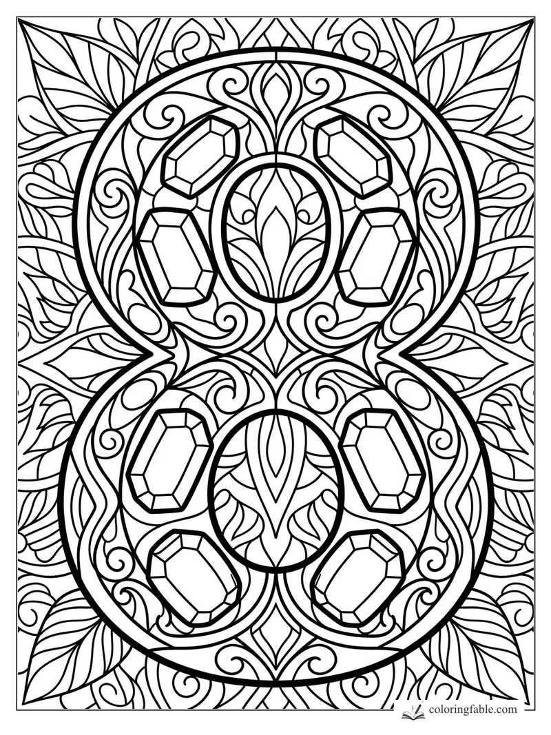 Ornate stained-glass number 8 with faceted gems, leafy panels, and curling vine patterns