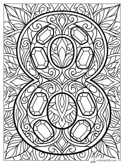 Ornate stained-glass number 8 with faceted gems, leafy panels, and curling vine patterns