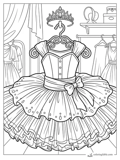 Ornate ballet tutu on a scroll hanger with crown, bow, costume racks, wig, and hat boxes