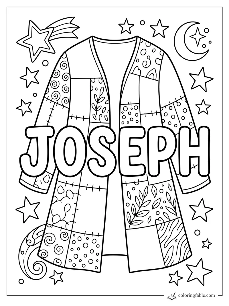Joseph name coloring page with a patchwork coat, stars, crescent moon, and shooting star
