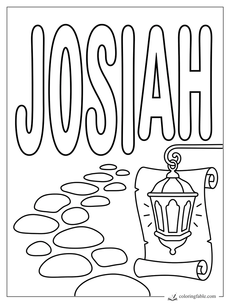 Josiah name coloring page with tall bubble letters, stepping stones, and a hanging lantern on a scroll