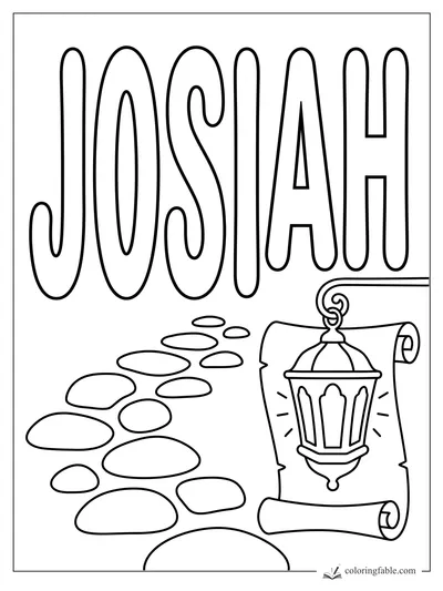 Josiah name coloring page with tall bubble letters, stepping stones, and a hanging lantern on a scroll