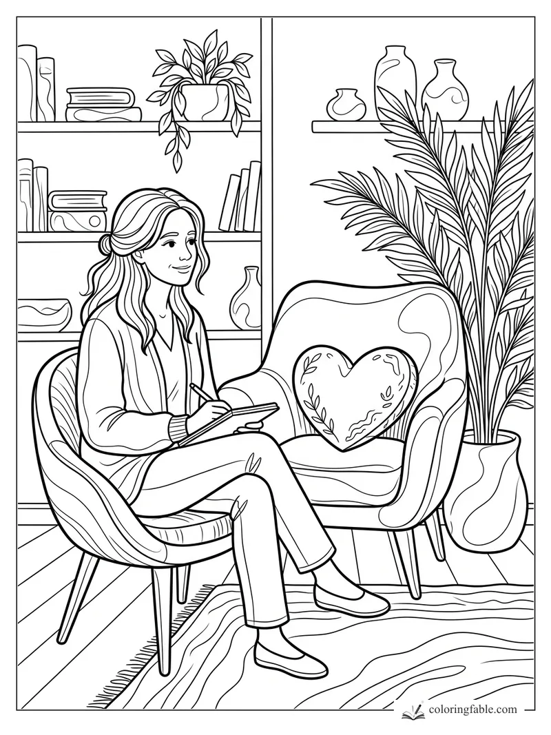 Woman journaling in a cozy reading nook with heart pillow, bookshelves, vases, and tall palm plant