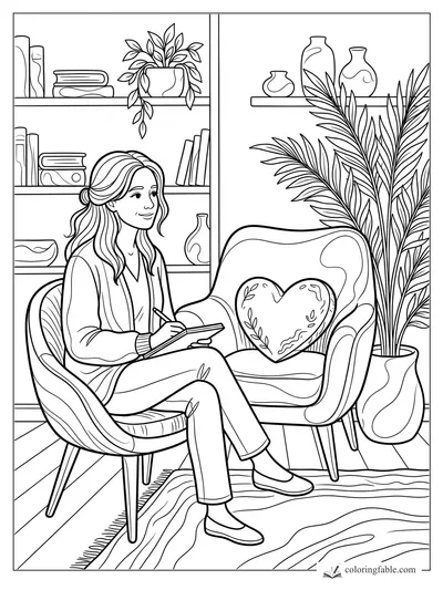 Woman journaling in a cozy reading nook with heart pillow, bookshelves, vases, and tall palm plant