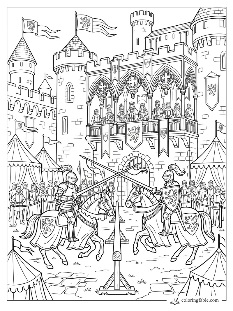Two armored knights joust on horseback before a castle balcony, tents, flags, and cheering crowds.