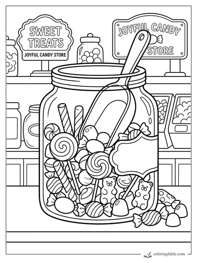 Candy store jar packed with lollipops, gummy bears, wrapped sweets, scoops, and shop signs.