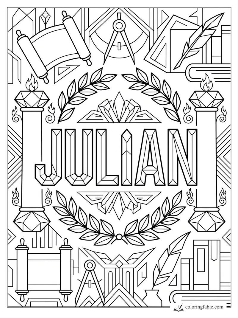 Geometric JULIAN name coloring page with laurel leaves, scrolls, books, quills, flames, and crystal shapes.