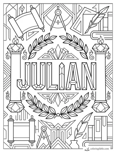 Geometric JULIAN name coloring page with laurel leaves, scrolls, books, quills, flames, and crystal shapes.