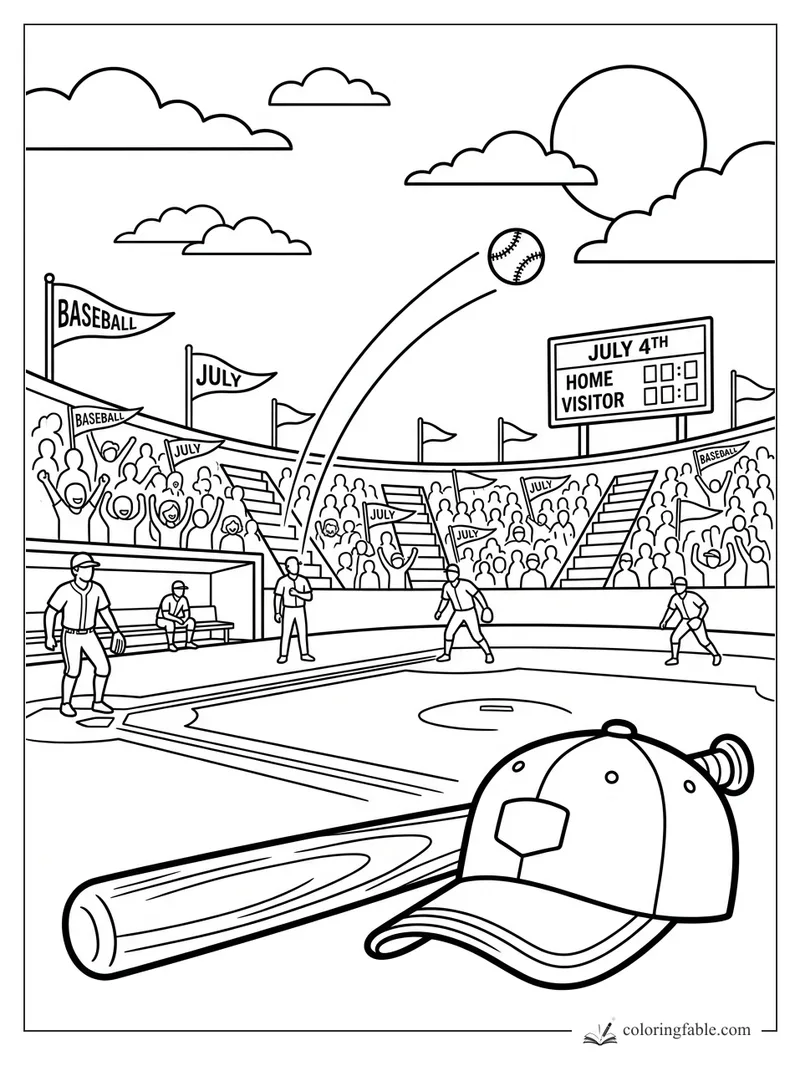 July 4th baseball game coloring page with fly ball, scoreboard, cheering crowd, bat and cap