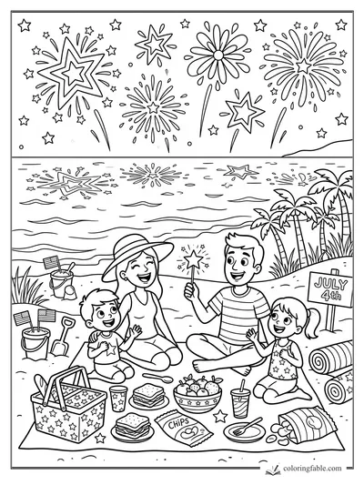 Cartoon July 4th beach picnic with family, star sparkler, palm trees, ocean fireworks, and sand toys.