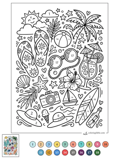 July Beach Doodle with Flip-Flops and Message Bottle — color by number