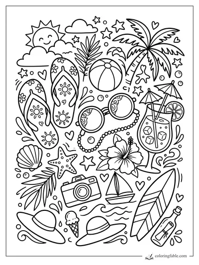 July beach doodle coloring page with flip-flops, palm tree, sunglasses, drink, sailboat, and message bottle