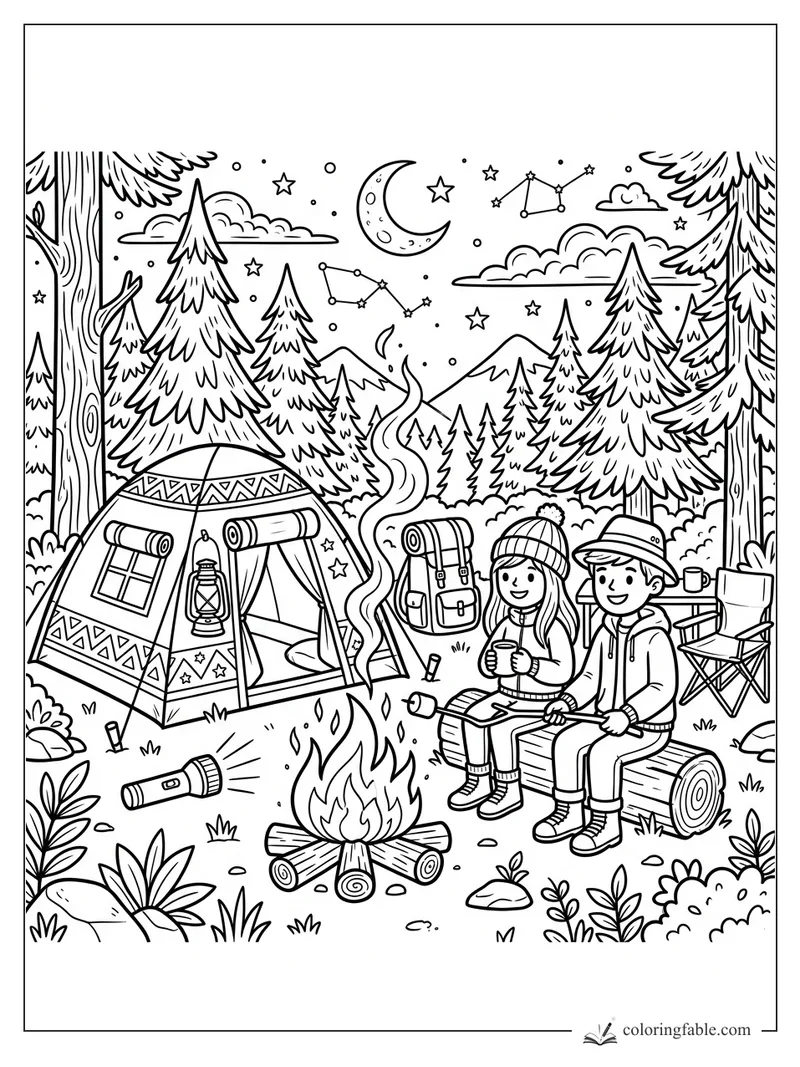 Cartoon July campsite with two kids, tent, campfire, pine trees, mountains, stars, and crescent moon.