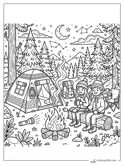 Cartoon July campsite with two kids, tent, campfire, pine trees, mountains, stars, and crescent moon.
