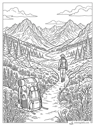 Realistic coloring page of a hiker, backpack, wildflowers, pine forest, and jagged mountain peaks in July.