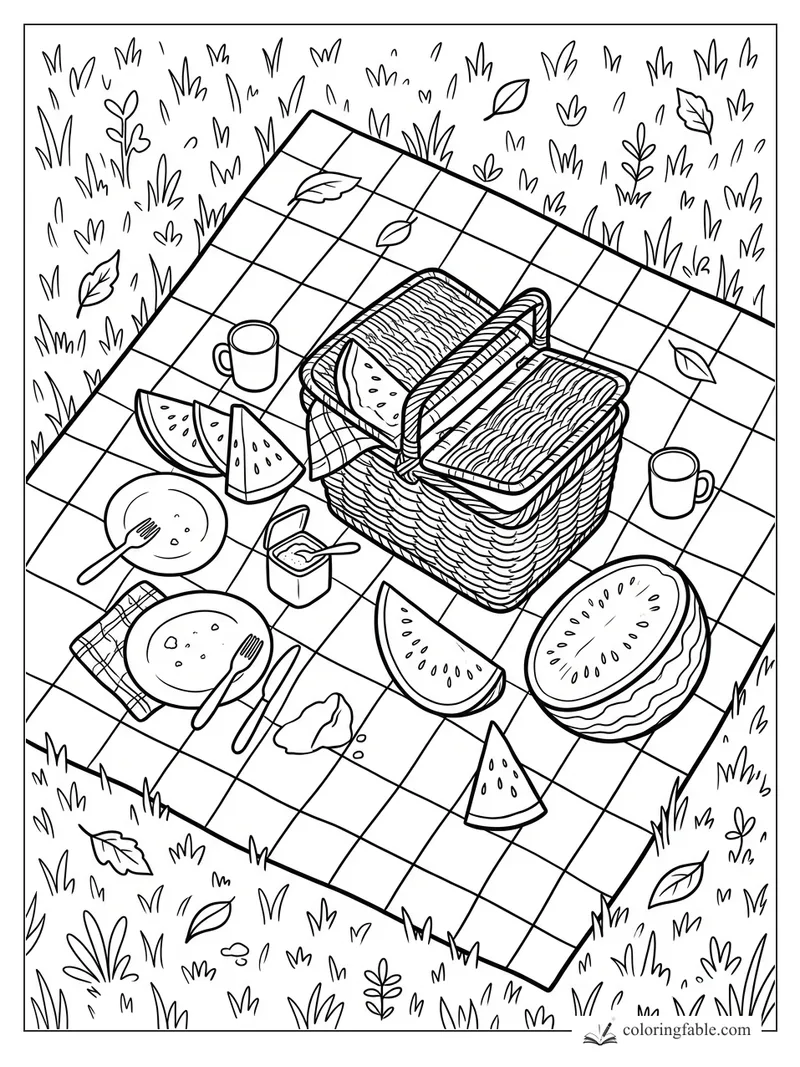 July picnic coloring page with a woven basket, watermelon slices, mugs, plates, and grass.