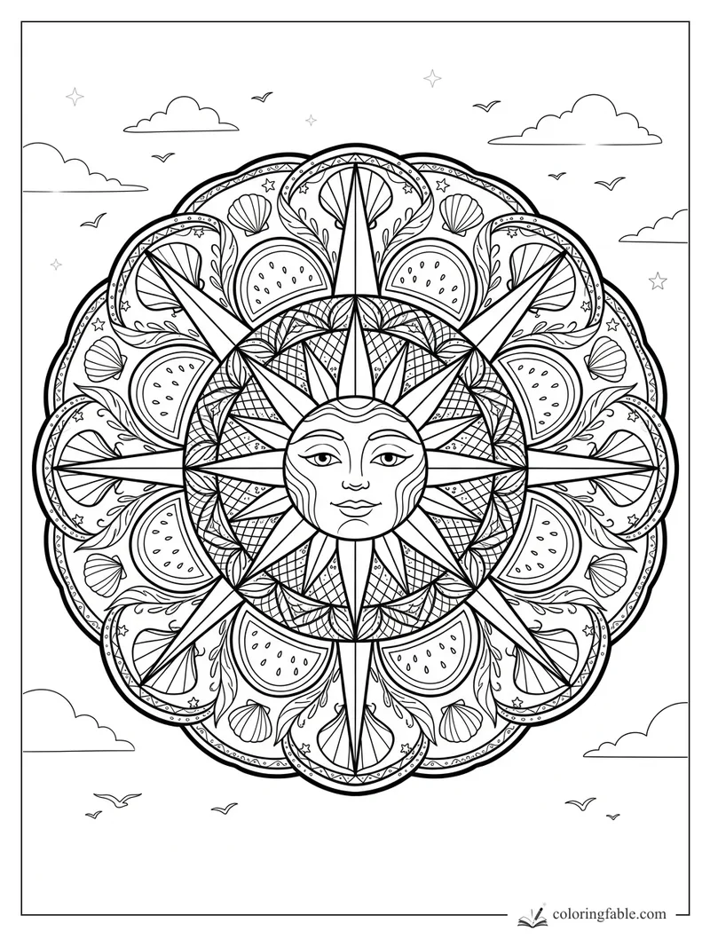 Intricate July sun mandala with watermelon slices, seashells, birds, clouds, and a calm sun face.