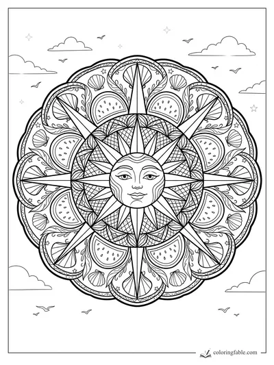 Intricate July sun mandala with watermelon slices, seashells, birds, clouds, and a calm sun face.