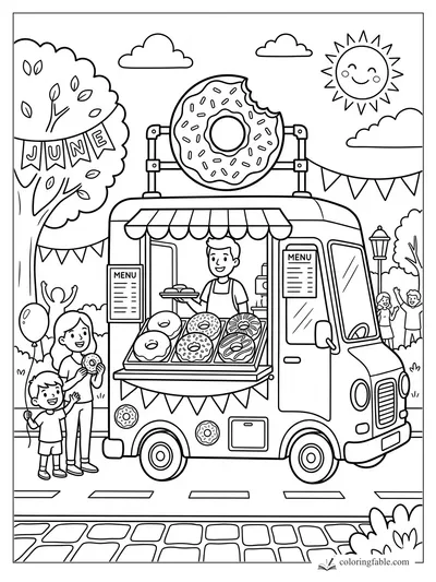 Cartoon donut food truck at a June street fair with kids, menus, bunting, and a giant bitten donut sign.