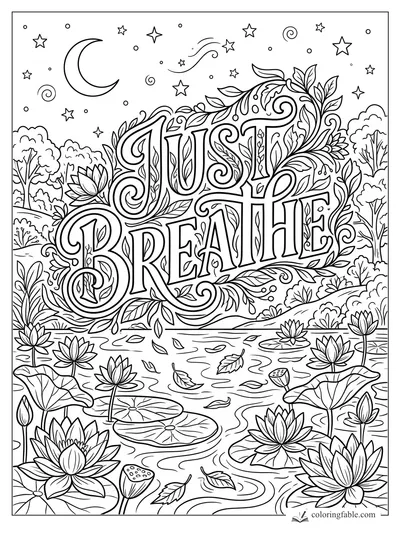 Intricate Just Breathe affirmation lettering over a moonlit lotus pond with stars, trees, leaves, and lily pads