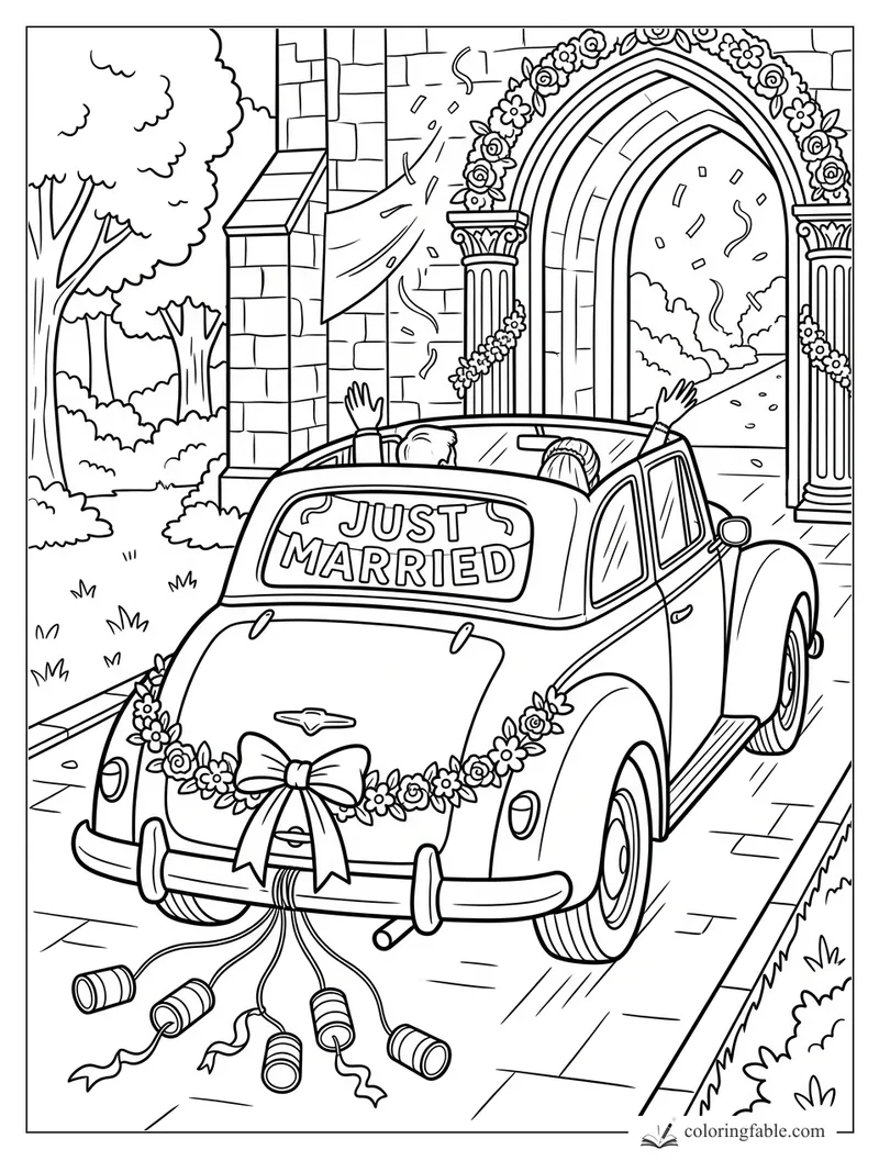 Vintage just married car with flower garlands, cans, waving couple, and church arch