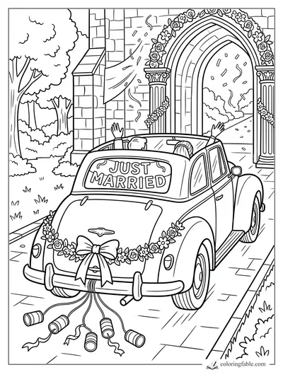 Vintage just married car with flower garlands, cans, waving couple, and church arch