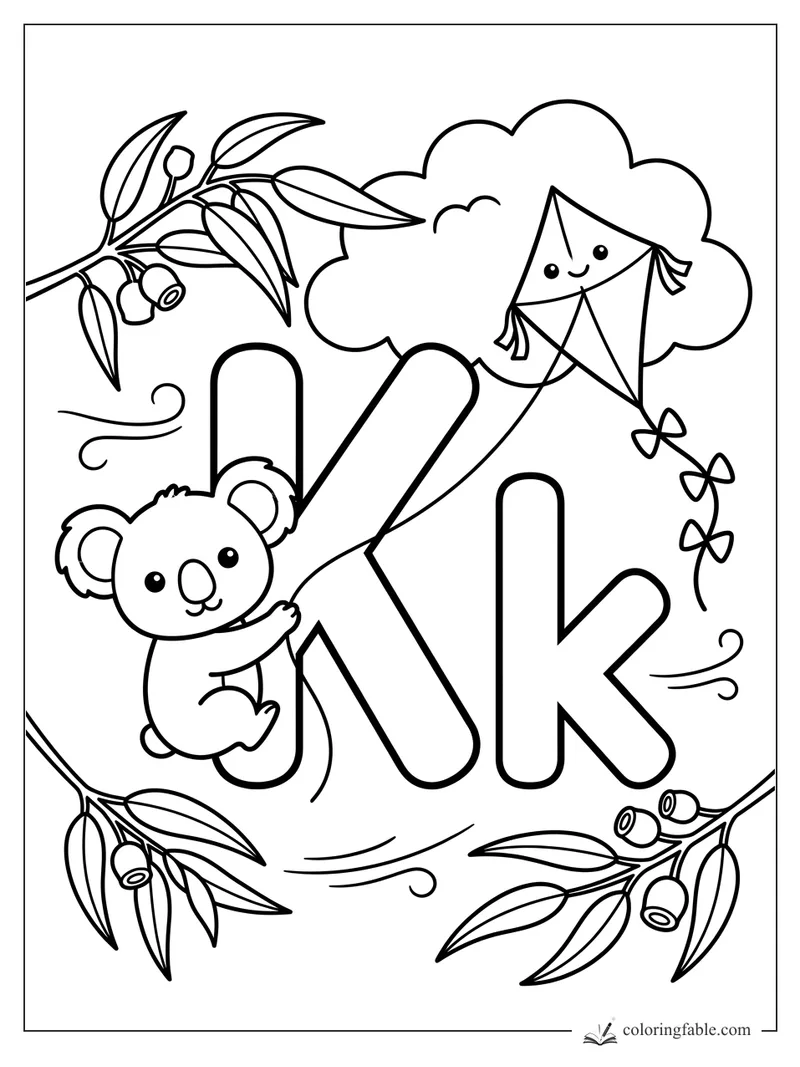 Kawaii koala hugging a big letter K with a smiling kite, cloud, eucalyptus leaves, and lowercase k.