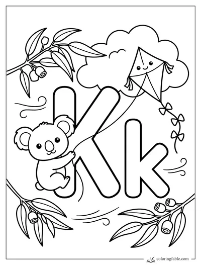 Kawaii koala hugging a big letter K with a smiling kite, cloud, eucalyptus leaves, and lowercase k.