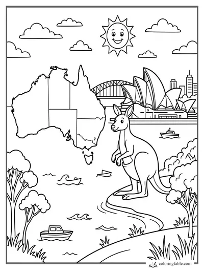 Australia coloring page with kangaroo, map outline, Sydney Opera House, bridge, boats, clouds, and sun.