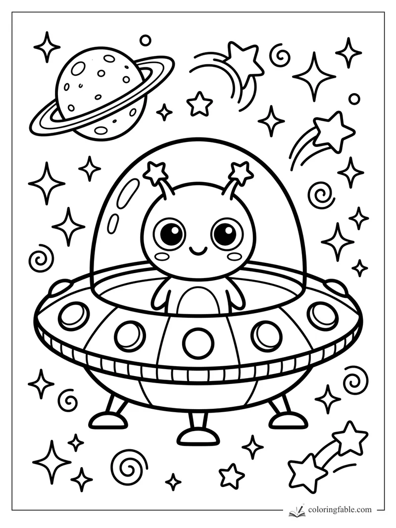 Kawaii alien smiling in a UFO with a dome, ringed planet, shooting stars, spirals, and space stars.