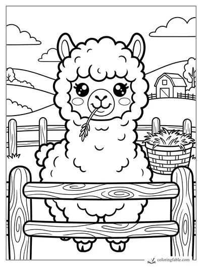 Kawaii alpaca chewing hay behind a wooden fence with a hay basket, barn, hills, trees, and clouds.