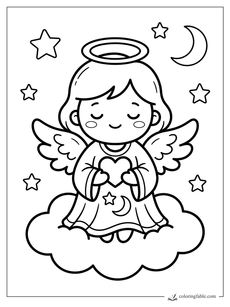Kawaii angel ornament with halo, wings, heart, cloud, stars, and crescent moon coloring page