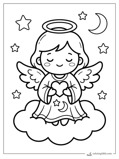 Adorno kawaii de ángel para colorear con halo, alas, corazón, nube, estrellas y luna creciente.